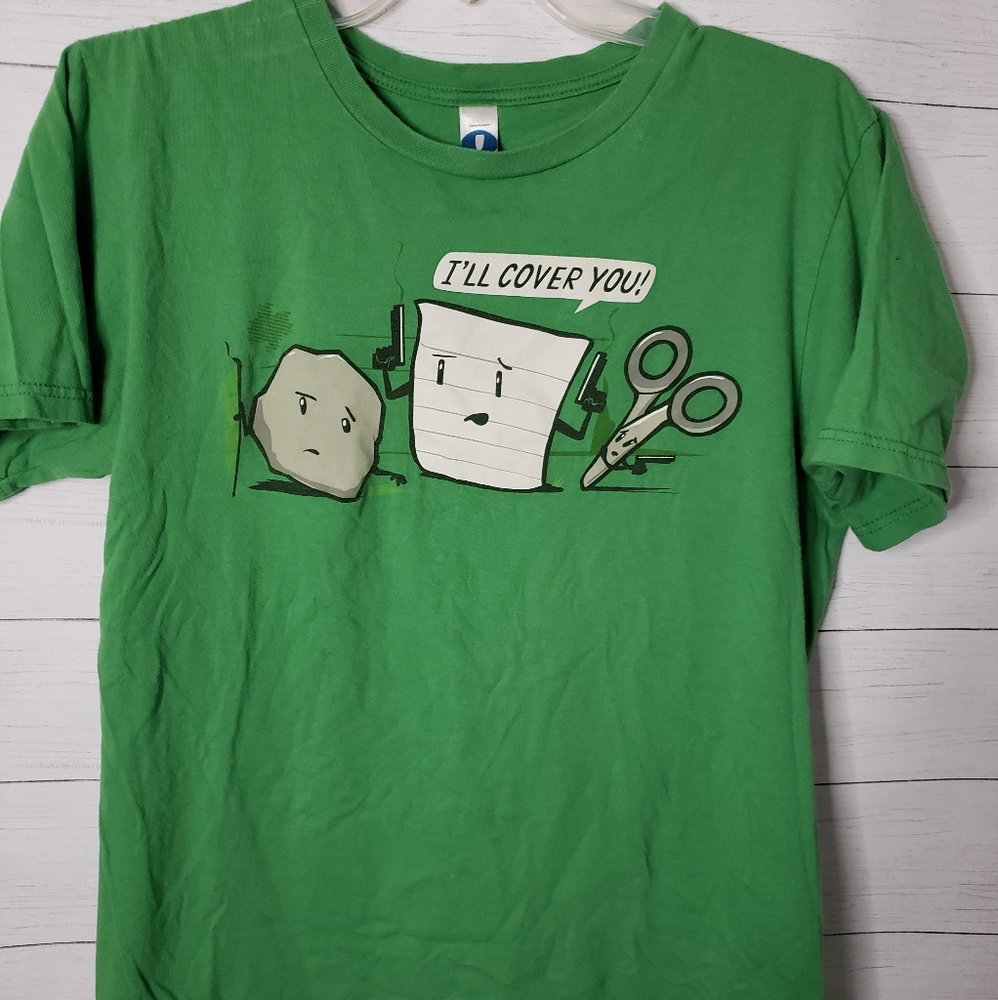 Shirt Woot! Rock, Paper, Scissors-I'll Cover You! Green Funny Mens Tshirt Sz M